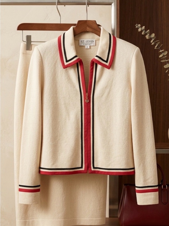 St. John Jackets & Blazers - St. John Cream Knit Zip Jacket with Red and Black Trim